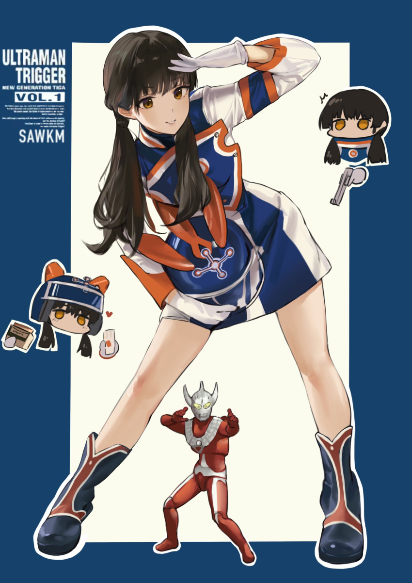 1boy 1girl boots brown_eyes brown_hair chibi darrgon dress fighting_stance gun handgun headwear_removed heart helmet helmet_removed highres holding holding_gun holding_weapon leaning_forward long_hair long_sleeves looking_at_viewer salute sawkm smile twintails ultraman_trigger_(series) weapon