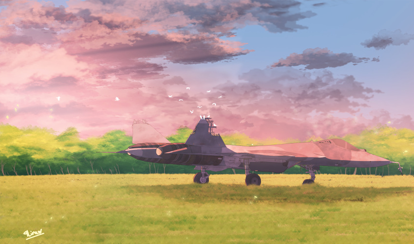 aircraft airplane bird blue_sky clouds cloudy_sky day fighter_jet forest grass grasslands highres jet line4x military military_vehicle nature no_humans original scenery shadow sky su-57 thrusters tree wheel