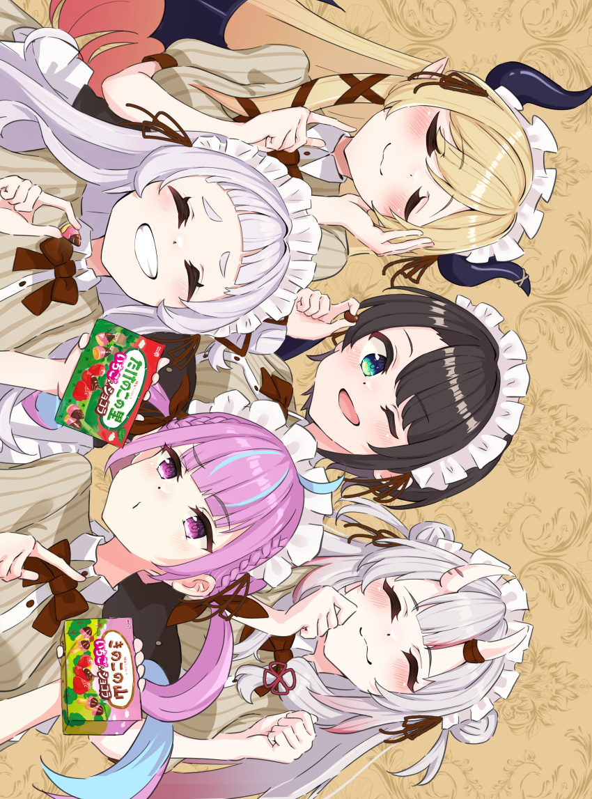5girls :3 absurdres alternate_costume aqua_eyes black_hair blonde_hair blue_hair blunt_bangs bow bowtie box brown_background brown_dress candy chocolate closed_eyes closed_mouth colored_inner_hair commentary_request dress food gradient_hair grey_hair hand_up hands_up highres holding hololive kinoko_no_yama light_purple_hair long_hair looking_at_another looking_at_viewer maid maid_headdress medium_hair minato_aqua multicolored_hair multiple_girls murasaki_shion nakiri_ayame neg_carrot one_eye_closed oozora_subaru parted_bangs pink_eyes pink_hair pointy_ears red_bow red_bowtie redhead short_eyebrows short_sleeves sideways smile streaked_hair thick_eyebrows twintails upper_body virtual_youtuber yuzuki_choco