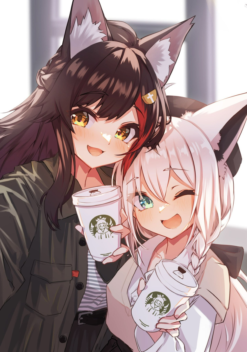 2girls animal_ear_fluff animal_ears belt beret black_bow black_hair black_headwear black_skirt blurry blurry_background blush bow braid commentary_request cup disposable_cup fox_ears fox_girl green_eyes green_jacket hair_between_eyes hair_bow hair_ornament hairclip hat highres holding holding_cup hololive jacket long_hair looking_at_viewer mooninkyuu multiple_girls one_eye_closed ookami_mio open_clothes open_jacket open_mouth redhead selfie shirakami_fubuki shirt sidelocks single_braid skirt striped striped_shirt virtual_youtuber white_hair white_shirt wolf_ears wolf_girl yellow_eyes