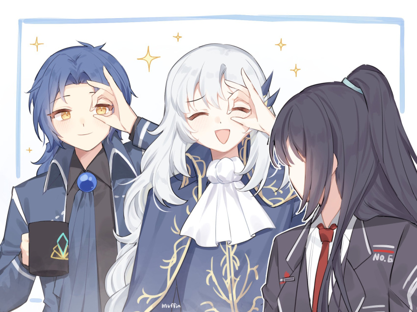 3boys argalia_(library_of_ruina) ascot black_hair black_shirt blue_ascot blue_cape blue_coat blue_hair blue_jacket cape chesed_(project_moon) closed_mouth coat collared_shirt gold_trim half_updo highres hong_lu_(limbus_company) jacket library_of_ruina limbus_company long_hair love_mintchoco multiple_boys ok_sign ok_sign_over_eye parted_bangs project_moon shirt sidelocks simple_background smile sparkle very_long_hair white_ascot white_background white_hair yellow_eyes