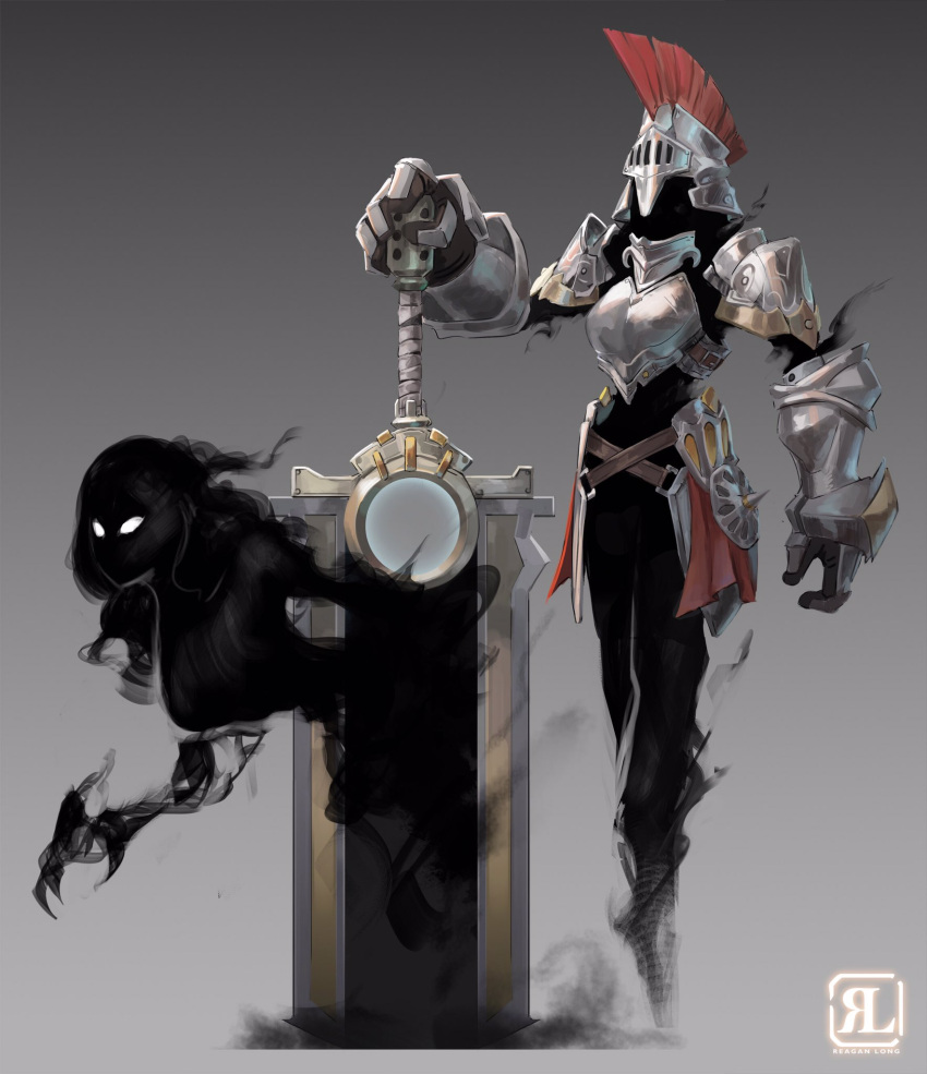 1other armor artist_name belt breastplate breasts full_body gauntlets ghost glowing glowing_eyes gradient_background grey_background helmet highres holding holding_sword holding_weapon huge_weapon knight large_breasts original reagan_long shoulder_plates standing sword weapon