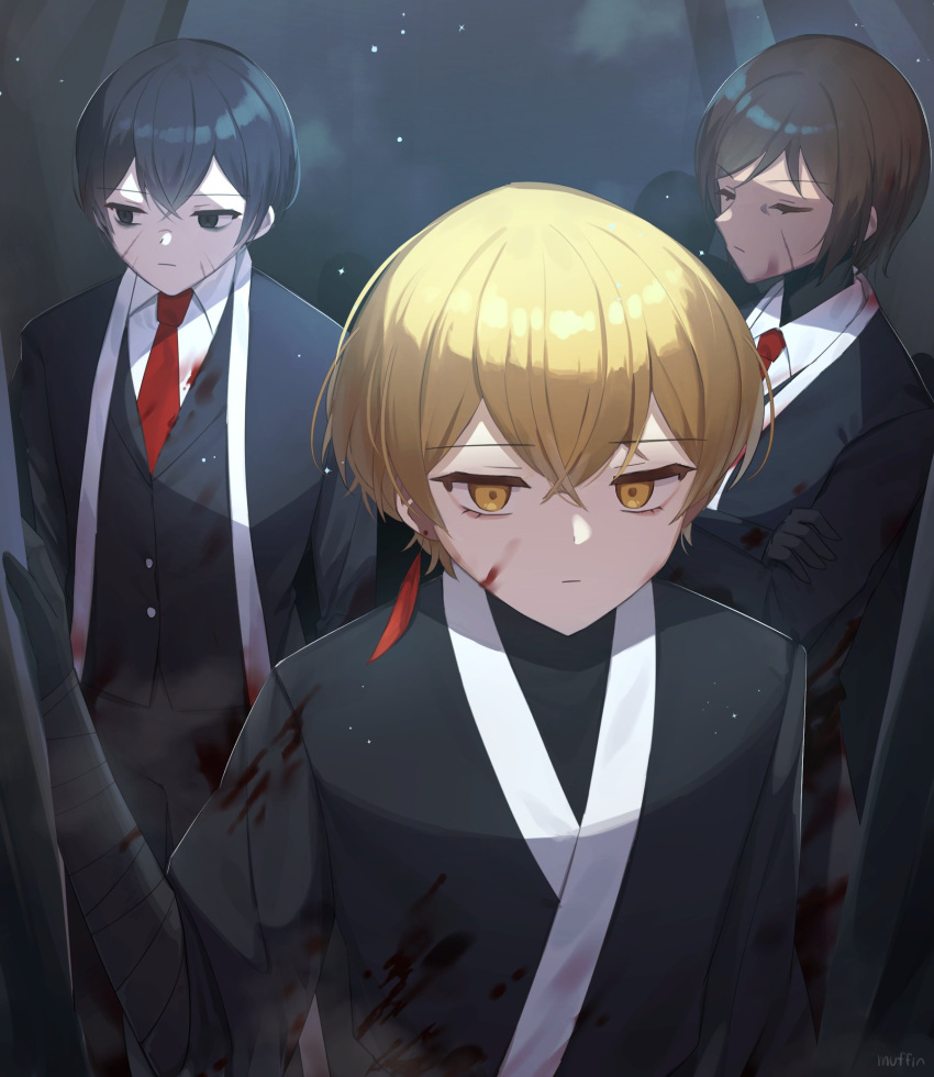 1girl 2boys black_eyes black_gloves black_hair black_kimono black_vest blonde_hair blood blood_on_clothes brown_hair collared_shirt crossed_arms earrings expressionless gloves highres japanese_clothes jewelry kimono limbus_company looking_to_the_side love_mintchoco multiple_boys necktie outis_(limbus_company) project_moon red_necktie shirt short_hair sinclair_(limbus_company) single_earring tassel tassel_earrings vest white_shirt yellow_eyes yi-sang_(limbus_company)
