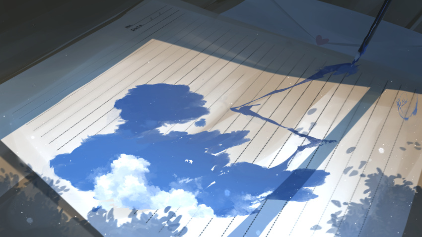 art_brush clouds envelope highres letter no_humans original paint paintbrush paper rune_xiao scenery