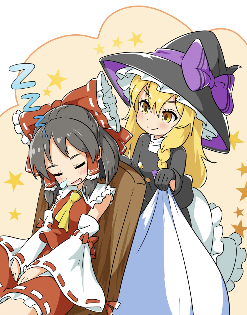 2girls ascot berazasu black_hair black_headwear blanket blonde_hair blush bow braid breasts buttons chair closed_eyes closed_mouth collared_shirt commentary_request cookie_(touhou) cowboy_shot detached_sleeves flat_chest frilled_bow frilled_hair_tubes frilled_shirt_collar frilled_skirt frills hair_between_eyes hair_bow hair_tubes hakurei_reimu hat hat_bow highres holding holding_blanket kirisame_marisa long_hair looking_at_another medium_bangs medium_breasts multiple_girls nose_bubble open_mouth purple_bow red_bow red_skirt rei_(cookie) ribbon-trimmed_sleeves ribbon_trim sananana_(cookie) shirt short_bangs short_hair sidelocks single_braid skirt skirt_set sleeping sleeve_bow sleeveless sleeveless_shirt smile star_(symbol) touhou turtleneck white_shirt white_sleeves wide_sleeves witch_hat yellow_ascot yellow_eyes zzz