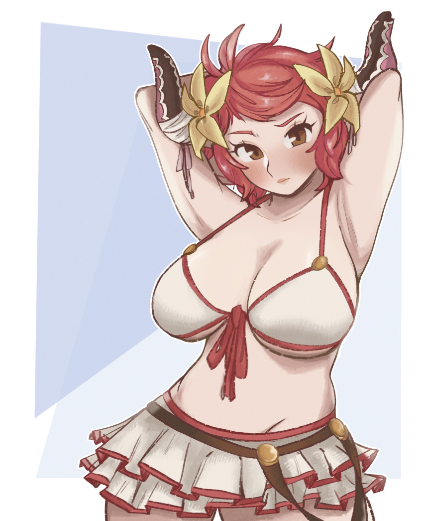 1girl absurdres armpit_crease armpits bikini bra breasts brown_eyes closed_mouth cygames draph embarrassed granblue_fantasy highres horns large_breasts looking_at_viewer navel redhead sexually_suggestive short_hair sturm_(granblue_fantasy) swimsuit underwear white_bikini