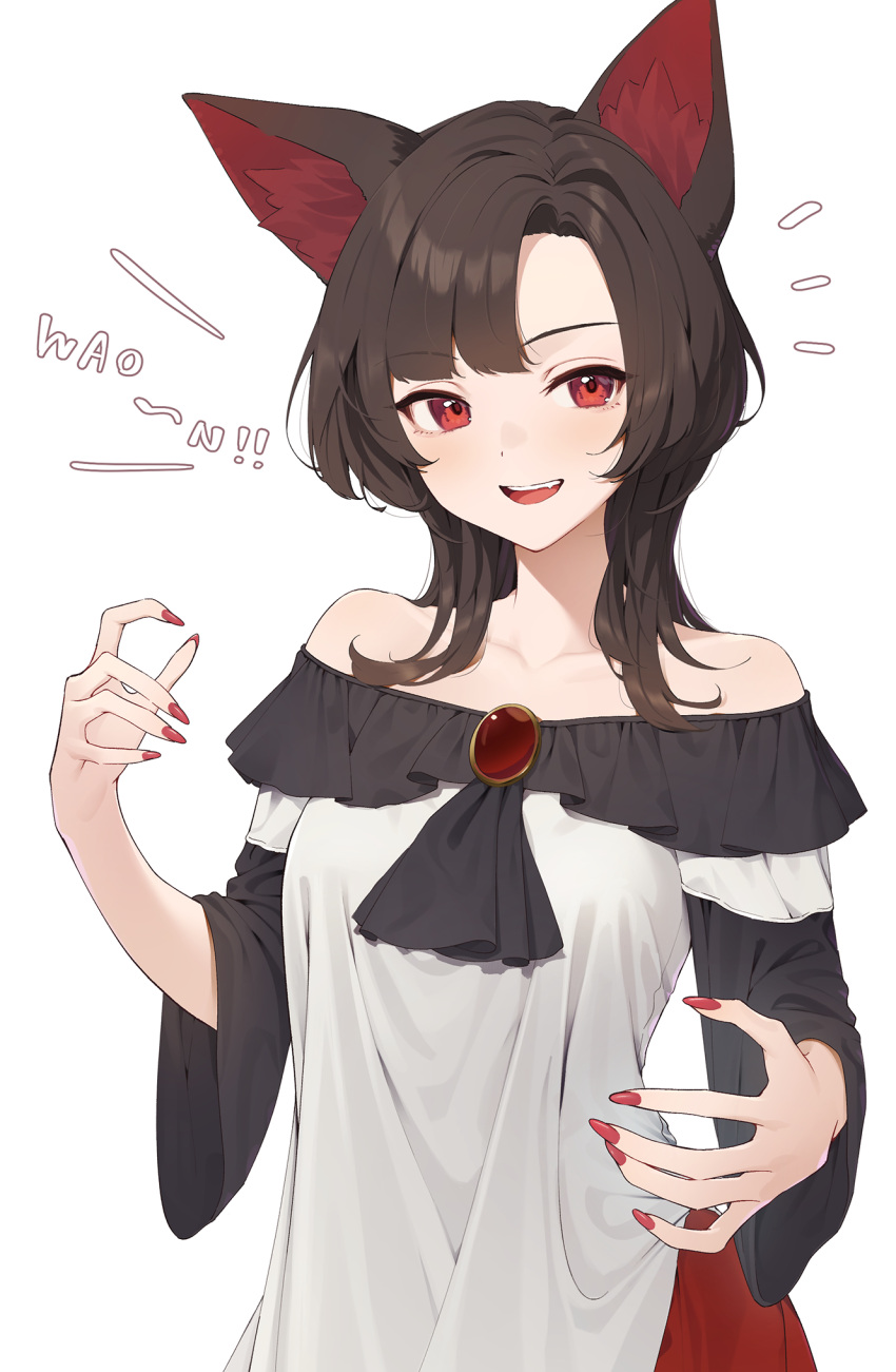 1girl alternate_hairstyle animal_ear_fluff animal_ears brooch brown_hair collarbone commentary_request dress fingernails highres imaizumi_kagerou jewelry kanpa_(campagne_9) long_hair long_sleeves looking_at_viewer nail_polish open_mouth red_dress red_eyes red_nails simple_background solo touhou upper_body white_background white_dress wolf_ears