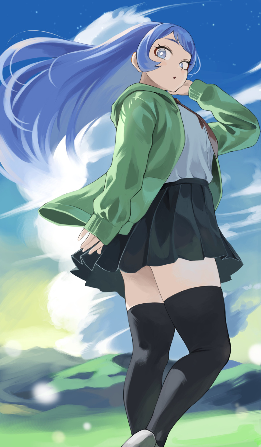 1girl absurdres blue_eyes blue_hair blue_sky boku_no_hero_academia breasts clouds fengling_(furin-jp) hadou_nejire highres jacket large_breasts legs lens_flare long_hair long_sleeves looking_at_viewer looking_down mountain mountainous_horizon necktie open_clothes open_jacket pleated_skirt school_uniform skirt sky solo sunlight thigh-highs wind