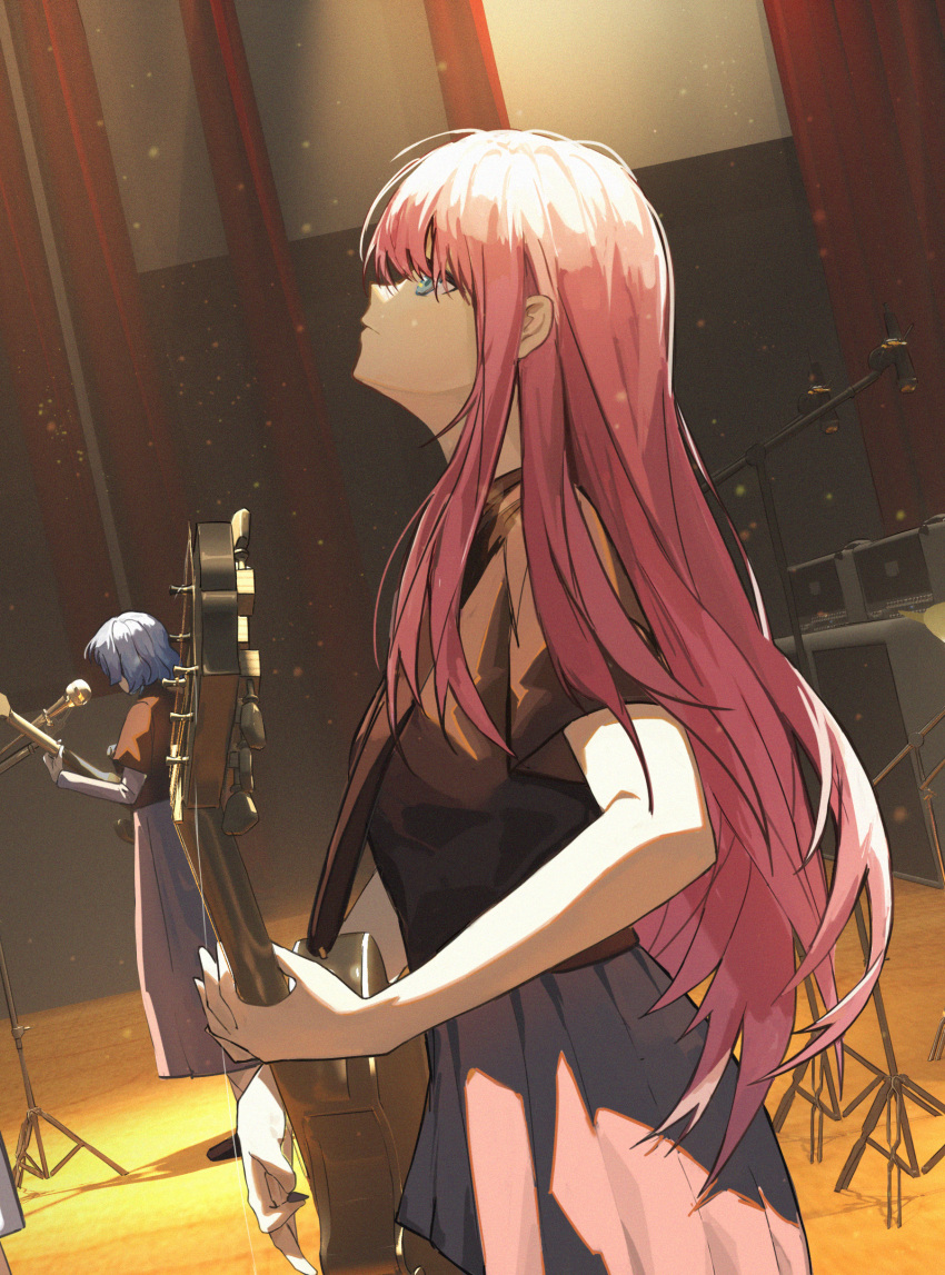 2girls absurdres black_shirt blue_eyes blue_hair bocchi_the_rock! closed_mouth commentary_request cowboy_shot dutch_angle film_grain gotoh_hitori grey_skirt guitar gyx3 highres instrument light_particles long_hair looking_up microphone microphone_stand multiple_girls pink_hair pleated_skirt shirt short_hair short_sleeves sidelocks skirt stage stage_lights t-shirt very_long_hair yamada_ryo