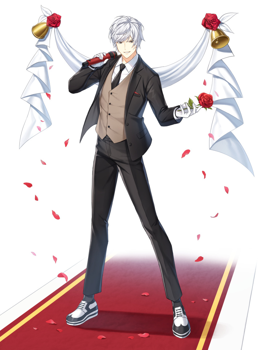 1boy banner bell black_jacket black_necktie black_pants black_socks brown_vest closers collared_shirt falling_petals flower full_body gloves grey_eyes grin hands_up highres holding holding_flower holding_microphone j_(closers) jacket legs_apart looking_at_viewer male_focus microphone necktie official_art outstretched_hand oxfords pants petals red_carpet red_flower red_rose rose shirt short_hair smile socks solo standing suit tachi-e v-shaped_eyebrows vest white_background white_footwear white_gloves white_hair white_shirt