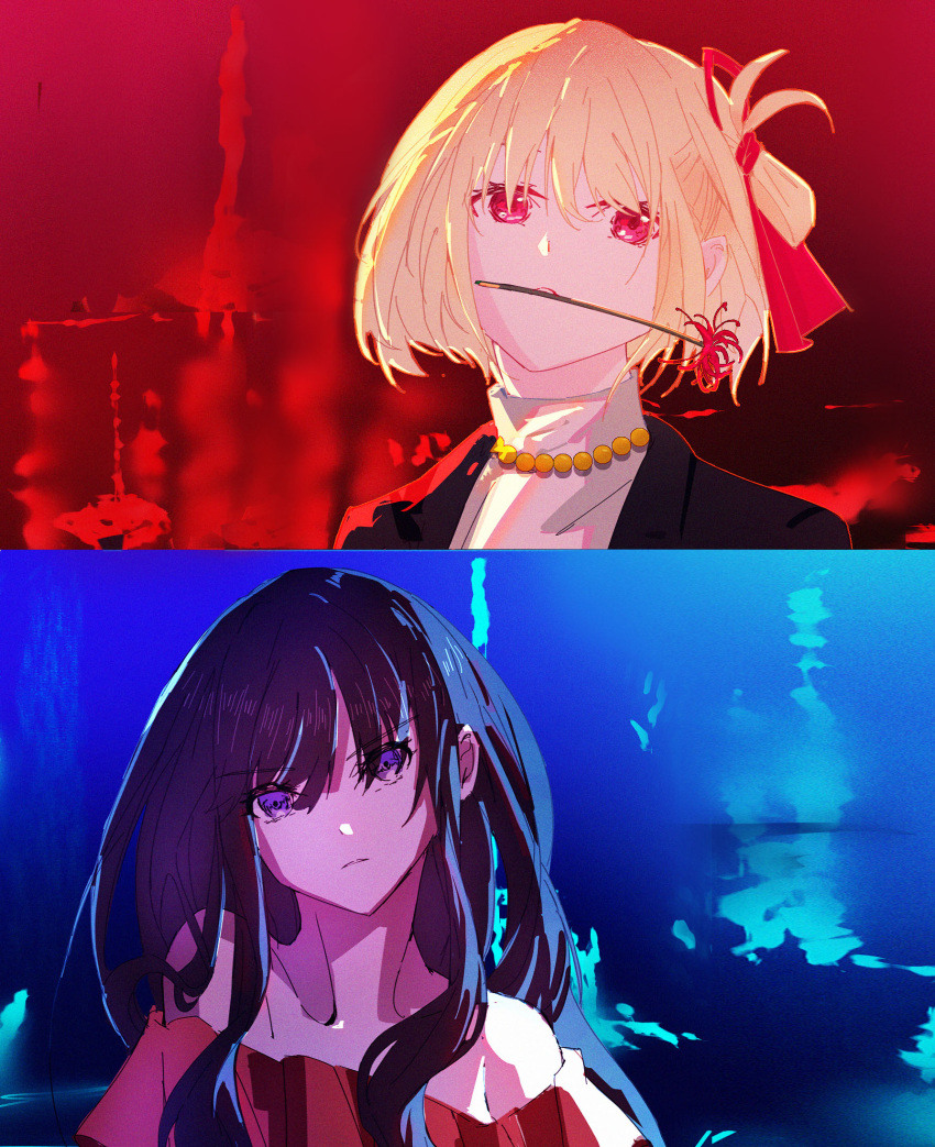 2girls bare_shoulders bead_necklace beads black_hair black_jacket blonde_hair blue_background chinese_commentary collarbone color_coordination commentary_request dress flower flower_in_mouth frilled_dress frills gyx3 hair_between_eyes hair_ribbon head_tilt highres inoue_takina jacket jewelry long_hair looking_at_viewer lycoris_recoil multiple_girls necklace nishikigi_chisato off-shoulder_dress off_shoulder one_side_up parted_lips red_background red_dress red_eyes red_ribbon ribbon shadow sidelocks spider_lily turtleneck upper_body violet_eyes