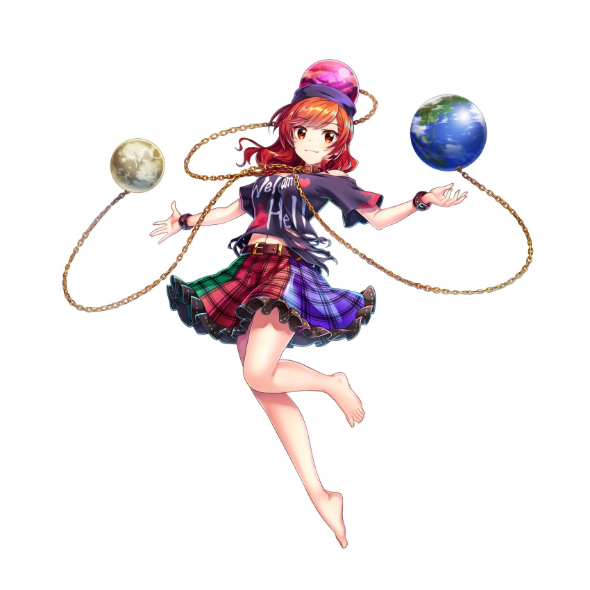 1girl barefoot belt black_headwear black_shirt closed_mouth clothes_writing earth_(ornament) full_body game_cg heart hecatia_lapislazuli highres looking_at_viewer medium_hair moon_(ornament) multicolored_clothes multicolored_skirt plaid plaid_skirt polos_crown red_eyes redhead rotte_(1109) shirt short_sleeves simple_background skirt solo third-party_source touhou white_background