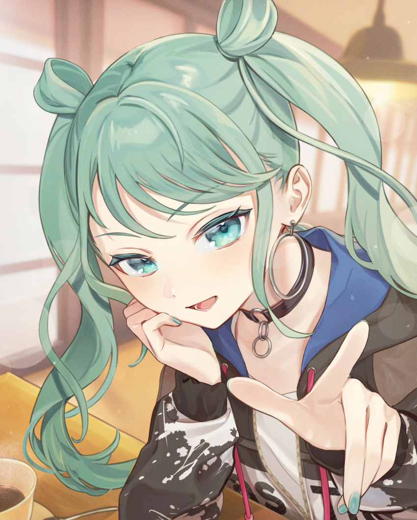 1girl choker coffee commentary_request dot_nose drawstring earrings fingernails green_eyes green_hair green_nails hand_on_own_cheek hand_on_own_face hands_up hatsune_miku highres hood hood_down hooded_jacket hoop_earrings indoors jacket jewelry long_hair long_sleeves looking_at_viewer lower_teeth_only open_mouth pointing pointing_at_viewer project_sekai solo teeth twintails upper_body vivid_bad_squad_miku vocaloid vs0mr