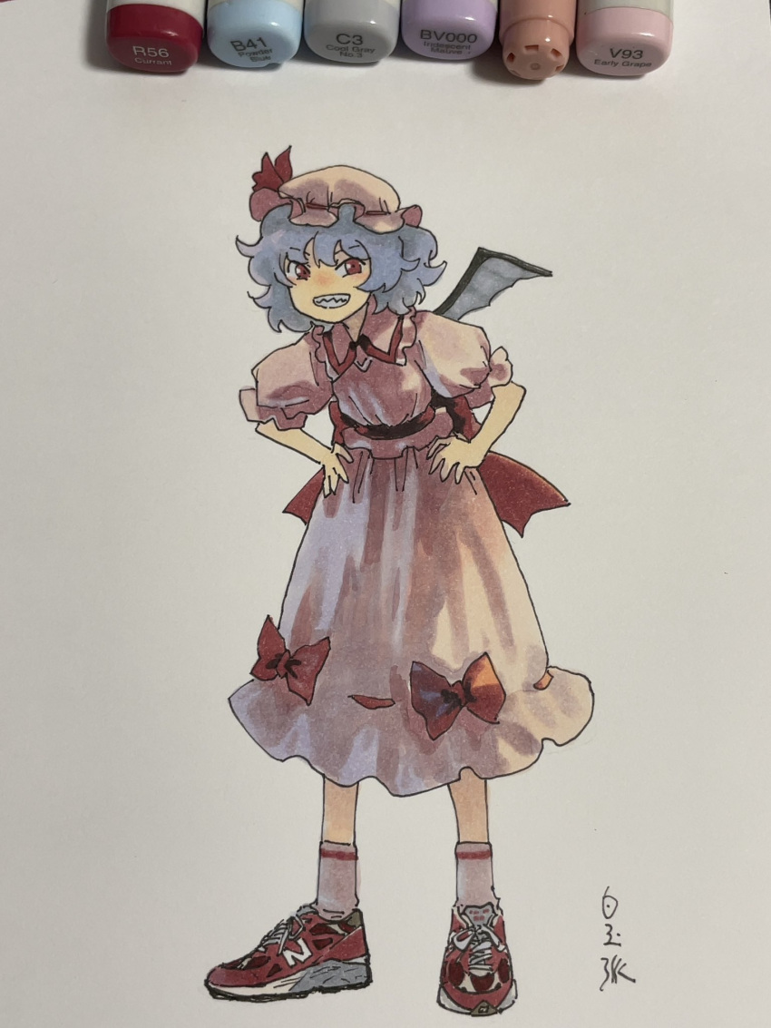 1girl alternate_footwear bare_arms bat_wings blue_hair commentary_request dress flat_chest full_body grin hands_on_own_hips hat highres leaning_forward looking_at_viewer messy_hair mob_cap pink_dress puffy_short_sleeves puffy_sleeves red_eyes remilia_scarlet shiratama_(hockey) short_hair short_sleeves simple_background smile solo touhou traditional_media v-shaped_eyebrows wings