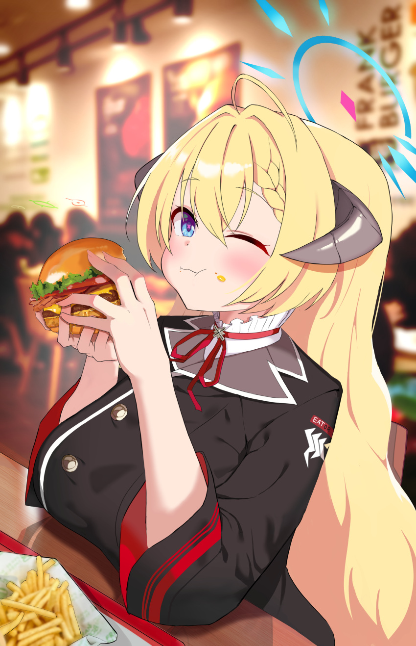 1girl absurdres ahoge akari_(blue_archive) blonde_hair blue_archive blue_eyes blue_halo blurry blurry_background blush braid braided_bangs breasts burger closed_mouth ddalrim food food_in_mouth hair_between_eyes halo highres horns indoors large_breasts long_hair long_sleeves neck_ribbon one_eye_closed restaurant ribbon sitting smile solo upper_body very_long_hair