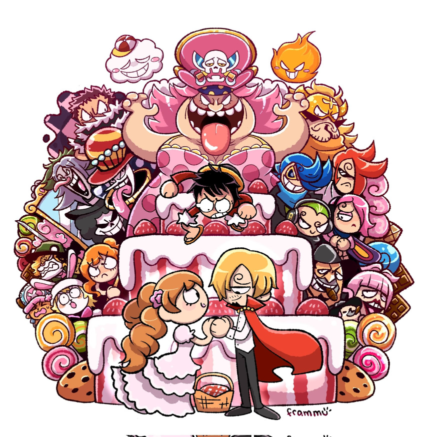 6+boys 6+girls artist_name blonde_hair brook_(one_piece) brown_hair cake candy cape capone_gang_bege carrot_(one_piece) charlotte_brulee charlotte_katakuri charlotte_linlin charlotte_perospero charlotte_pudding cigar dress father_and_son food frammu highres lollipop long_hair monkey_d._luffy mother_and_daughter mother_and_son multiple_boys multiple_girls nami_(one_piece) one_piece open_mouth pedro_(one_piece) pink_hair prometheus_(one_piece) rabbit_girl red_cape sanji_(one_piece) short_hair sweets teeth tongue tongue_out tony_tony_chopper toon_(style) vinsmoke_ichiji vinsmoke_judge vinsmoke_niji vinsmoke_reiju vinsmoke_yonji wedding_dress zeus_(one_piece)