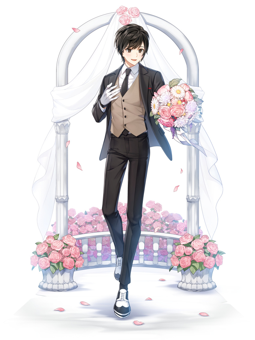 1boy :d arch black_hair black_jacket black_necktie black_pants black_socks blue_eyes blush bouquet brown_vest chrysanthemum closers collared_shirt falling_petals flower full_body gloves hand_on_own_chest hand_up highres holding holding_bouquet jacket looking_at_viewer male_focus necktie official_art outstretched_arm oxfords pants petals pink_flower pink_rose plant potted_plant railing rose rose_bush seha_lee shirt short_hair smile socks solo suit swept_bangs tachi-e vest walking white_background white_flower white_footwear white_gloves white_shirt