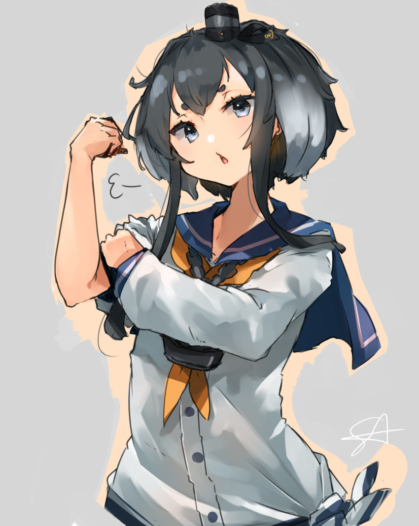1girl =3 black_hair blue_sailor_collar bras_d'honneur dress front-tie_top grey_background grey_eyes grey_hair highres kantai_collection long_sleeves looking_at_viewer multicolored_hair neckerchief outline parted_lips sailor_collar sailor_dress short_hair_with_long_locks simple_background solo sunday_aki tokitsukaze_(kancolle) white_dress
