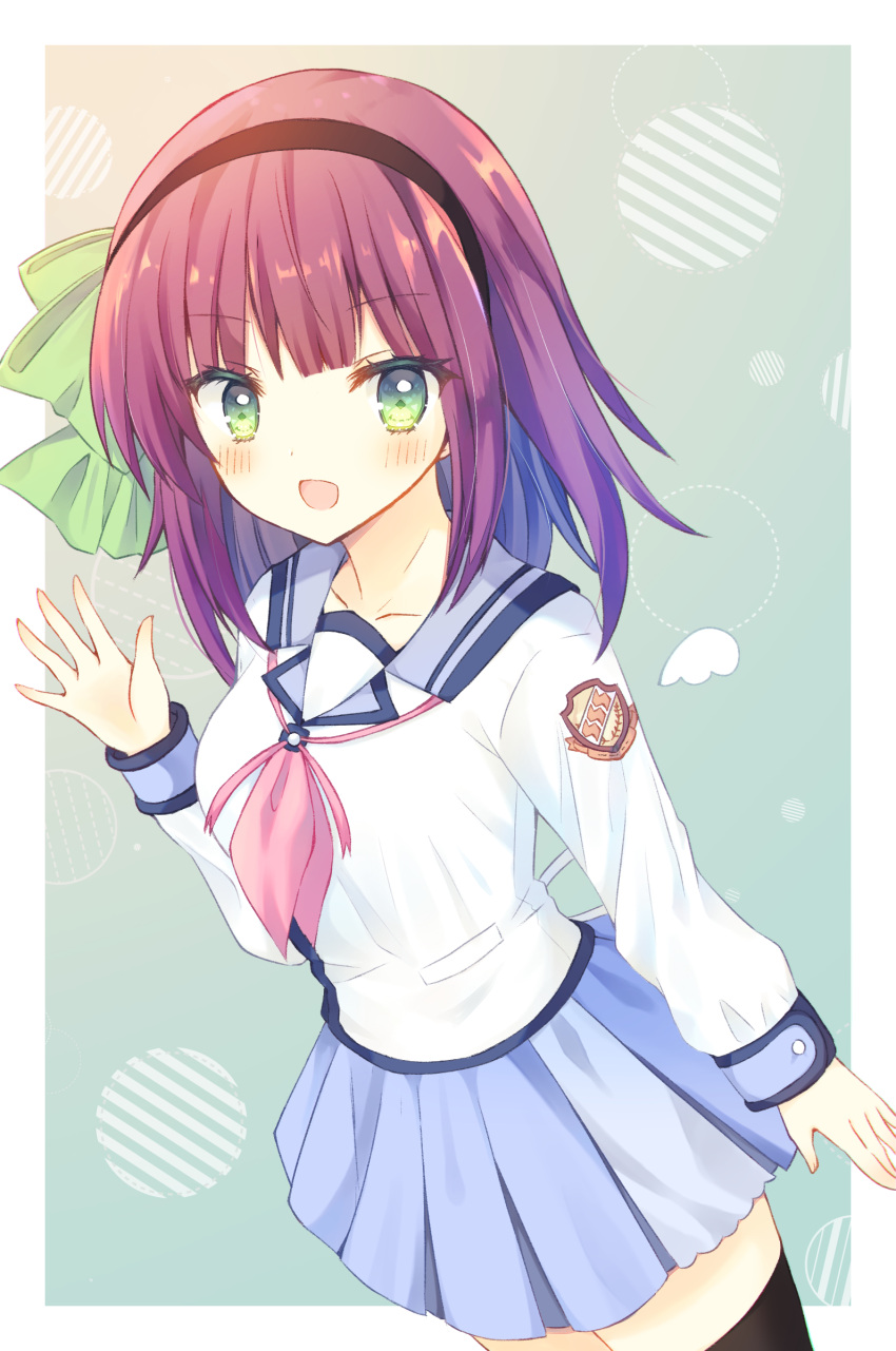 1girl :d absurdres aiyan angel_beats! arm_at_side black_hairband black_thighhighs blue_sailor_collar blue_skirt blunt_bangs blush breasts colored_eyelashes commentary_request cowboy_shot eyelashes eyes_visible_through_hair green_background green_eyes green_ribbon hair_ribbon hairband hand_up highres long_sleeves looking_at_viewer medium_breasts medium_hair miniskirt nakamura_yuri neckerchief open_mouth pink_neckerchief pleated_skirt purple_hair ribbon sailor_collar shinda_sekai_sensen_uniform shirt simple_background skirt smile solo standing straight_hair thigh-highs waving white_shirt zettai_ryouiki