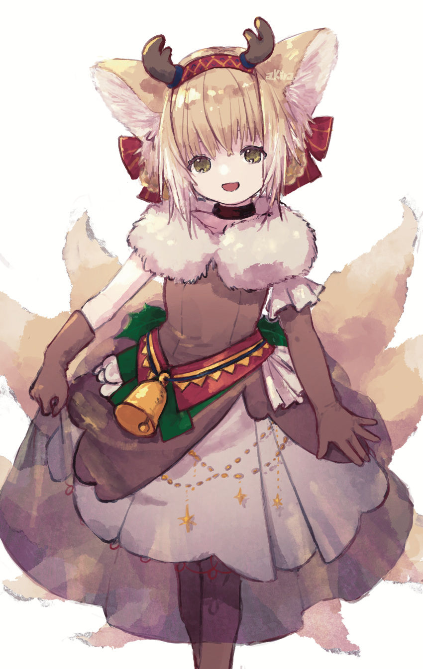 1girl :d alternate_costume animal_ear_fluff animal_ears arknights artist_name asymmetrical_gloves bell black_choker black_gloves black_pantyhose blonde_hair choker commentary_request dress elbow_gloves feet_out_of_frame fox_ears fox_girl fox_tail fur-trimmed_dress fur_trim gloves green_eyes hair_ribbon highres kitsune kyuubi looking_at_viewer mismatched_gloves multiple_tails niwatori_(akira_207) open_mouth pantyhose red_ribbon ribbon short_hair simple_background skirt_hold smile solo standing suzuran_(arknights) tail watermark white_background
