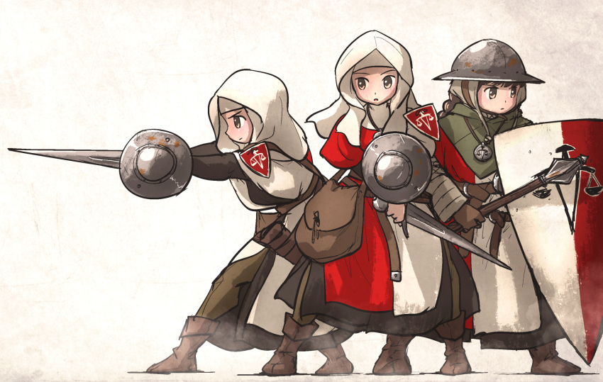 3girls armor bag balance_scale_print belt boots brown_hair buckler flanged_mace full_body gambeson gloves habit helmet highres holding holding_weapon ironlily jewelry kettle_helm medieval multiple_girls ordo_mediare_sisters_(ironlily) pendant pouch sheath shield standing sword weapon