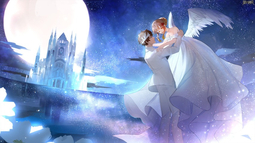1boy 1girl ame_taya angel_wings bare_shoulders brown_eyes brown_hair castle check_commentary commentary_request dairoku_ryouhei dress eye_contact feathered_wings flower hair_flower hair_ornament headband hetero highres kurihanaochi_mio lifting_person looking_at_another medium_hair moon night night_sky pants reflection sky star_(sky) starry_sky white_dress white_pants white_wings wings