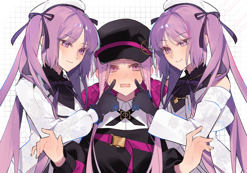 3girls black_gloves blush bow checkered_background cheek_poking euryale_(fate) fate/grand_order fate_(series) gloves hat highres long_hair medusa_(fate) medusa_(saber)_(fate) multiple_girls poking purple_bow purple_hair siblings sisters smile stheno_(fate) sweat twintails uxco0 violet_eyes