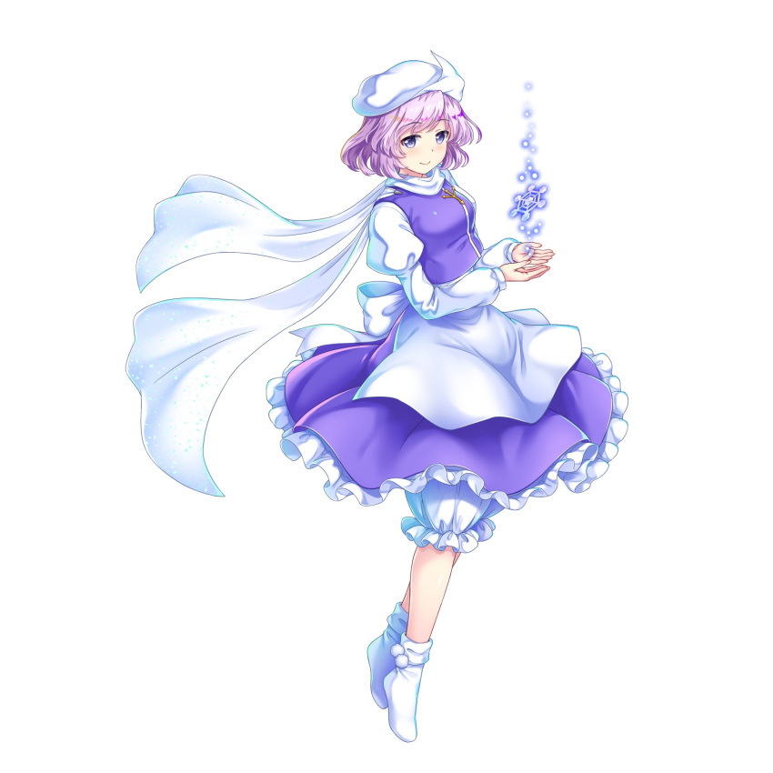1girl apron blue_eyes closed_mouth full_body game_cg highres juliet_sleeves lapel_pin letty_whiterock light_purple_hair long_sleeves looking_at_viewer puffy_sleeves rotte_(1109) scarf simple_background smile snowflakes socks solo third-party_source touhou white_apron white_background white_scarf white_socks