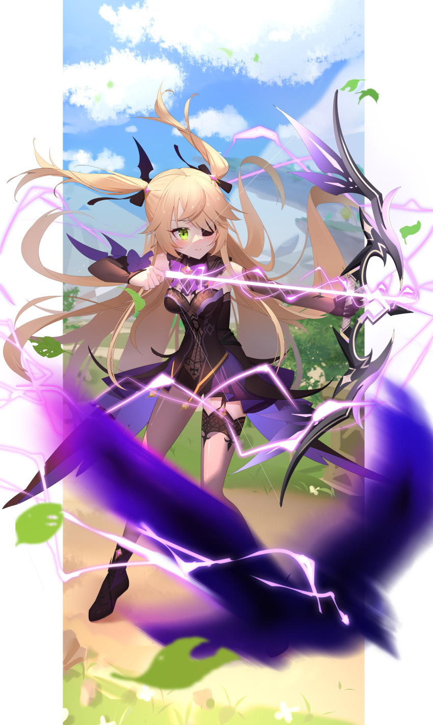 1girl absurdres arrow_(projectile) bare_shoulders bat_ornament bird black_footwear black_ribbon blonde_hair blue_sky blush bodystocking boots bow bow_(weapon) bowtie breasts collar crow day eyepatch fischl_(genshin_impact) garter_straps genshin_impact gloves green_eyes hair_over_one_eye hair_ribbon high_heels highres holding holding_bow_(weapon) holding_weapon leaf leotard lightning lijiahao5103 long_hair medium_breasts mitternachts_waltz_(genshin_impact) outdoors oz_(genshin_impact) purple_bow purple_bowtie purple_ribbon ribbon single_glove single_leg_pantyhose single_sleeve single_thighhigh sky smile tailcoat thigh-highs two_side_up weapon