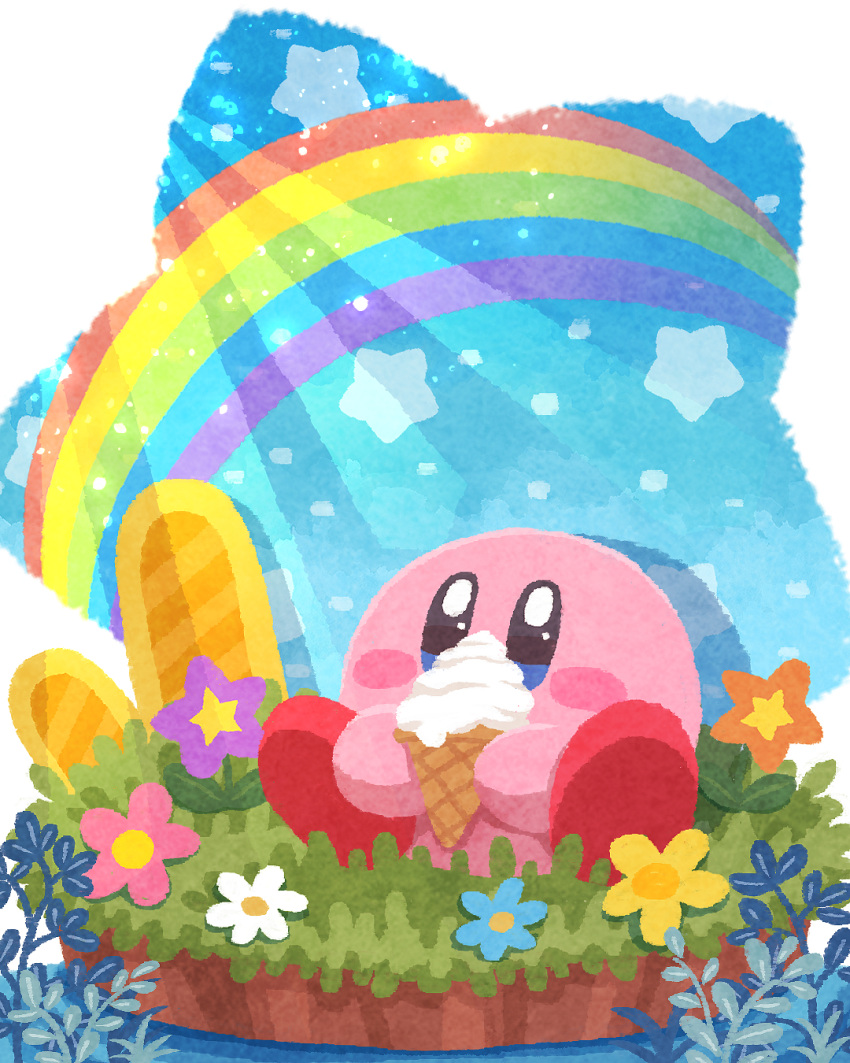 blue_eyes blue_flower blue_sky blush blush_stickers commentary_request day flower food grass highres holding holding_food holding_ice_cream ice_cream ice_cream_cone kirby kirby_(series) light_rays miclot no_humans on_grass orange_flower pink_flower plant purple_flower rainbow simple_background sitting sky soft_serve solo star_(symbol) sunlight white_background white_flower yellow_flower