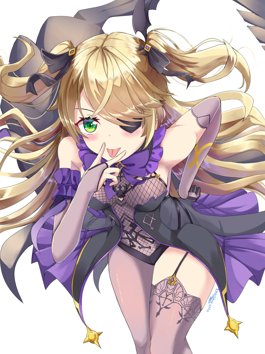 1girl :p bare_shoulders bat_ornament black_ribbon blonde_hair blush bodystocking bow bowtie breasts bridal_gauntlets chuunibyou collar eyepatch fischl_(genshin_impact) garter_straps genshin_impact gloves green_eyes hair_over_one_eye hair_ribbon highres leotard long_hair looking_at_viewer medium_breasts purple_bow purple_bowtie ribbon ryuu_shuo simple_background single_bridal_gauntlet single_glove single_sleeve single_thighhigh solo tailcoat thigh-highs tongue tongue_out two_side_up vision_(genshin_impact)