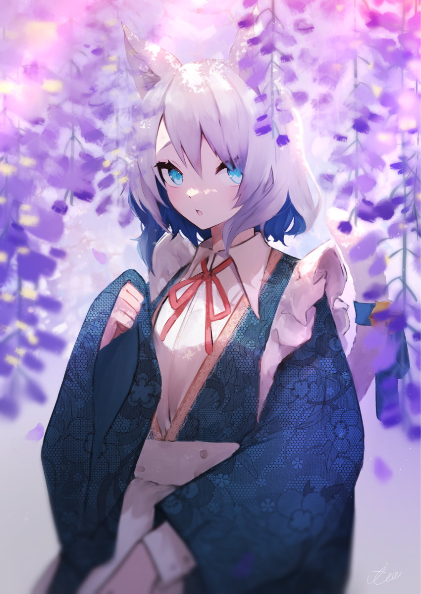 1girl animal_ears blue_eyes blue_hair cat_ears cat_girl cat_tail chestnut_mouth colored_inner_hair commentary_request floral_print flower grey_hair highres japanese_clothes kimono long_sleeves looking_at_viewer mashiro_io multicolored_hair neck_ribbon original red_ribbon ribbon signature tail wide_sleeves wisteria