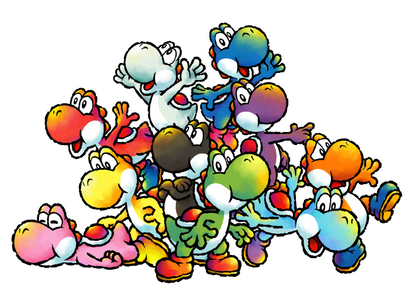 absurdres blue_footwear boots brown_footwear crossed_arms highres lying official_alternate_color official_art on_stomach open_mouth purple_footwear simple_background standing white_background yellow_footwear yoshi yoshi's_island_ds