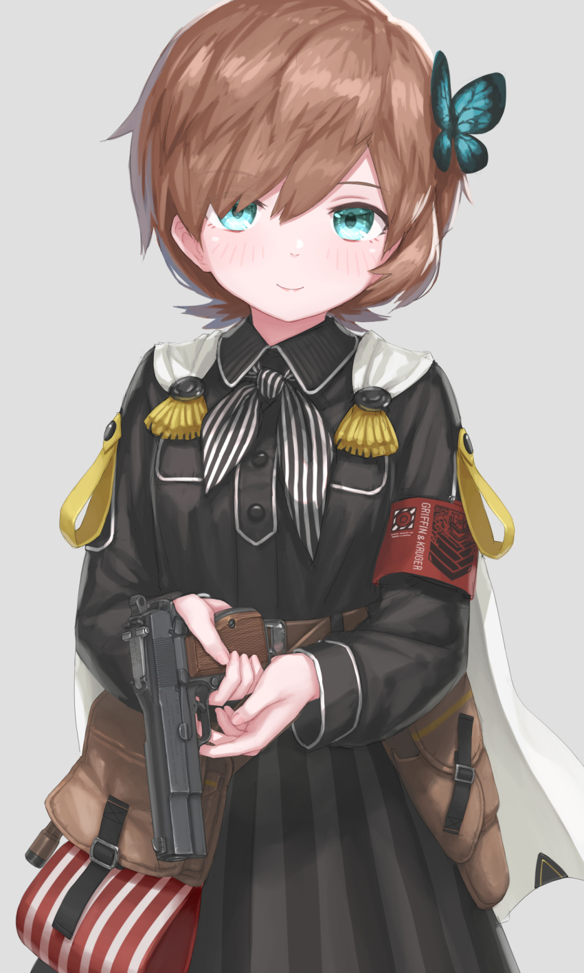 belt_pouch black_ribbon black_shirt black_skirt blue_eyes brown_hair browning_hi-power butterfly_hair_ornament cape closed_mouth girls_frontline grey_background griffin_&amp;_kryuger gun hair_between_eyes hair_ornament handgun hayashi_naoharu highres holding holding_gun holding_weapon holster hp-35_(girls'_frontline) long_sleeves looking_at_viewer pouch red_armband ribbon shirt short_hair simple_background skirt smile striped striped_ribbon striped_skirt vertical-striped_skirt vertical_stripes weapon white_cape