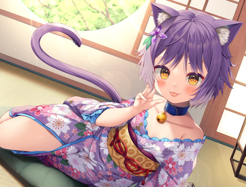 absurdres animal_ears cat_ears cat_tail collar collarbone highres japanese_clothes kimono non-web_source purple_hair purple_kimono tail tatami yellow_eyes