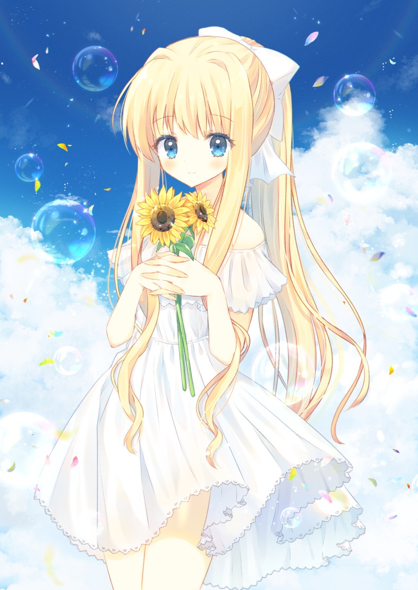 1girl absurdres air_(visual_novel) aiyan alternate_costume bare_shoulders blonde_hair blue_eyes blue_sky blurry blush bow closed_mouth clouds colored_eyelashes commentary_request cowboy_shot day depth_of_field dress eyelashes eyes_visible_through_hair fingernails flower frilled_dress frills hair_between_eyes hair_bow hair_intakes highres holding holding_flower interlocked_fingers kamio_misuzu long_hair looking_at_viewer outdoors own_hands_together ponytail sidelocks sky smile soap_bubbles solo standing straight-on sundress sunflower very_long_hair white_bow white_dress wind wind_lift