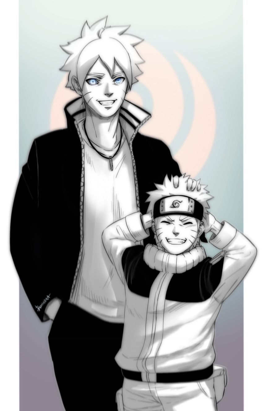 2boys aged_up behindxa blue_eyes boruto:_naruto_next_generations colored_sclera commentary forehead_protector grey_sclera greyscale_with_colored_background grin hand_in_pocket hand_on_another's_head headband highres jacket male_focus multiple_boys naruto naruto_(series) smile spot_color time_paradox uzumaki_boruto uzumaki_naruto