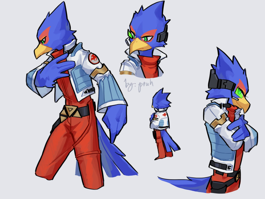 1boy beak belt bird_boy closed_mouth commentary crossed_arms falco_lombardi furry furry_male green_eyes grey_background highres jacket male_focus multiple_views open_clothes open_jacket pruh signature simple_background smile standing star_fox symbol-only_commentary tail white_jacket