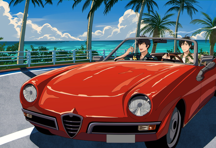2boys :d black_hair bush car cigarette convertible driving fence floral_print ginoza_nobuchika happy highres holding holding_cigarette kougami_shin'ya mechanical_arms motor_vehicle multiple_boys ocean open_clothes open_shirt outdoors palm_tree ponytail psycho-pass red_car road shirt short_hair single_mechanical_arm smile smoking swept_bangs tree tropical vehicle_request very_short_hair white_shirt wooden_fence yukin_(es)
