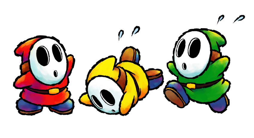 3boys belt black_belt blue_footwear boots green_tunic highres mask multiple_boys official_alternate_color official_art red_tunic shy_guy simple_background super_mario_bros. white_background yellow_tunic yoshi's_island_ds