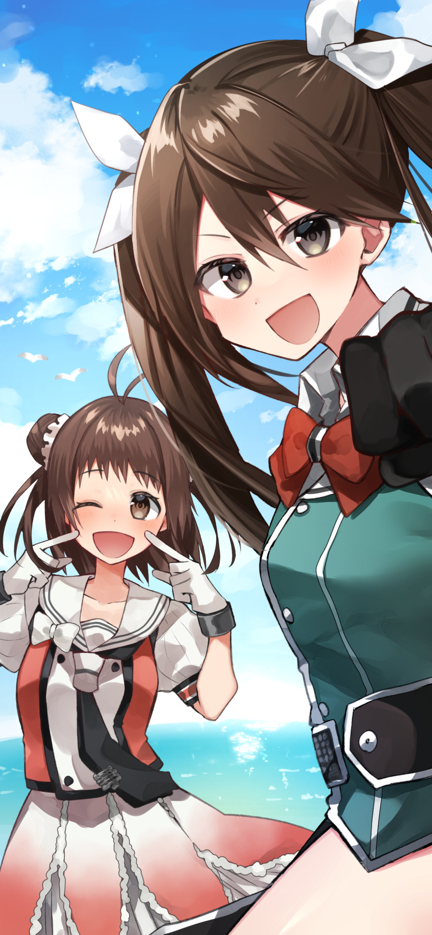 1girl absurdres antenna_hair blue_sky bow bowtie brown_eyes brown_hair buttons clouds cowboy_shot day double-breasted double_bun gloves green_jacket hair_between_eyes hair_bun hair_ribbon highres horizon jacket kantai_collection katsuobushi_(eba_games) long_hair looking_at_viewer military_jacket military_uniform naka_(kancolle) naka_kai_ni_(kancolle) ocean orange_shirt outdoors pelvic_curtain puffy_sleeves red_bow red_bowtie ribbon school_uniform serafuku shirt short_sleeves sky solo tone_(kancolle) tone_kai_ni_(kancolle) twintails two-tone_shirt uniform white_gloves white_ribbon