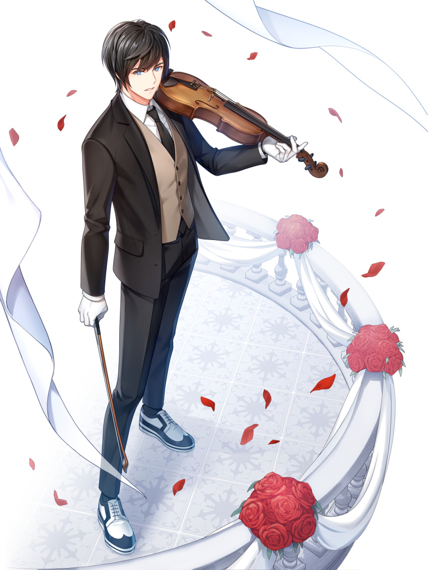 1boy balcony black_hair black_jacket black_necktie black_pants blue_eyes bouquet bright_pupils brown_vest chulsoo_kim_(closers) closers collared_shirt falling_petals flower from_above full_body gloves hand_up highres holding holding_bow_(music) holding_instrument instrument jacket looking_at_viewer looking_up necktie official_art oxfords pants parted_lips petals railing red_flower red_rose rose shirt short_hair solo suit swept_bangs tachi-e tile_floor tiles vest violin white_background white_footwear white_gloves white_pupils white_shirt