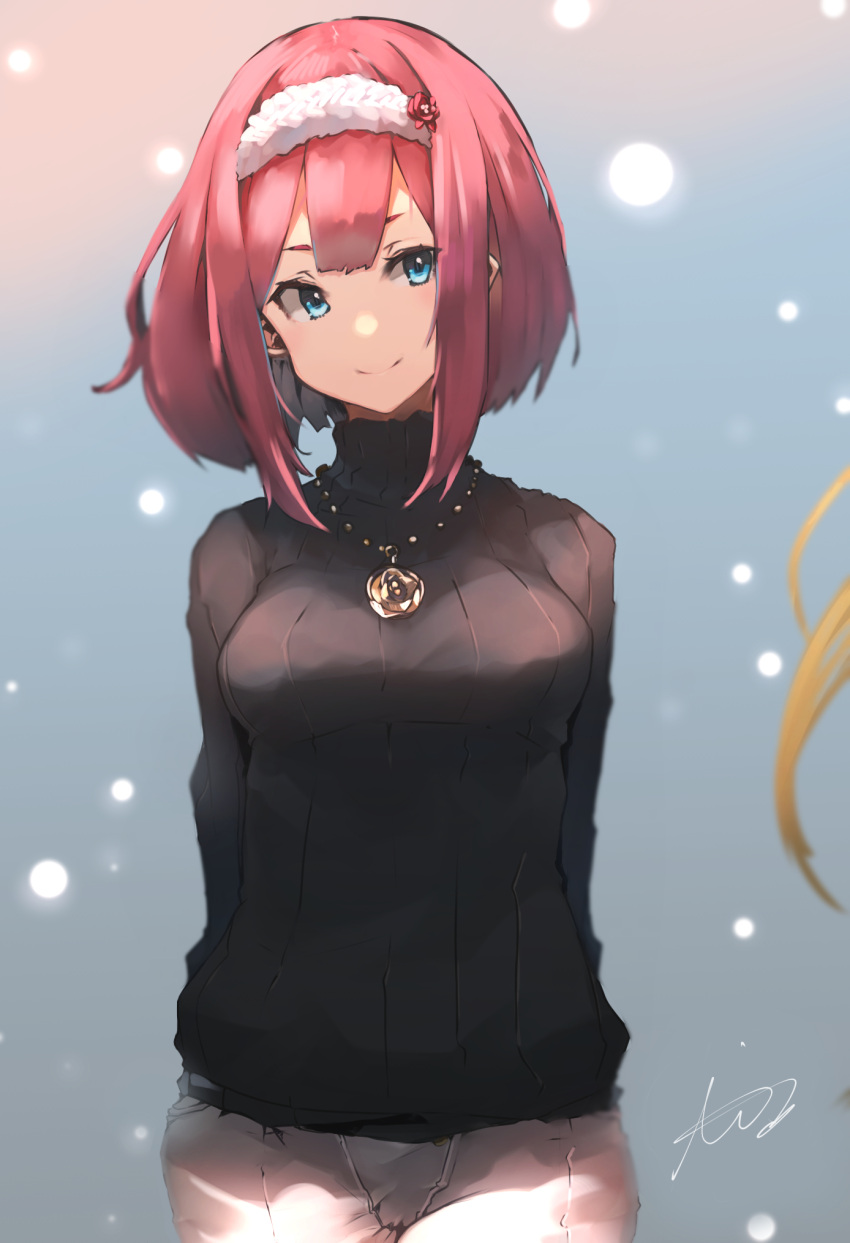 1girl alternate_costume ark_royal_(kancolle) arms_behind_back black_sweater blue_eyes bob_cut breasts hairband highres jewelry kantai_collection medium_breasts necklace pants redhead ribbed_sweater short_hair signature simple_background smile solo sunday_aki sweater turtleneck turtleneck_sweater white_hairband white_pants