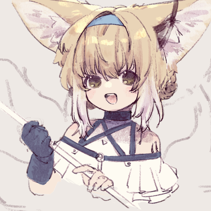 1girl animal_ears arknights bare_shoulders blue_hairband blush clothing_cutout commentary_request cropped_torso dress earpiece fox_ears fox_girl frilled_sleeves frills grey_background hairband highres looking_at_viewer niwatori_(akira_207) open_mouth oripathy_lesion_(arknights) short_hair short_sleeves shoulder_cutout simple_background solo suzuran_(arknights) upper_body yellow_eyes