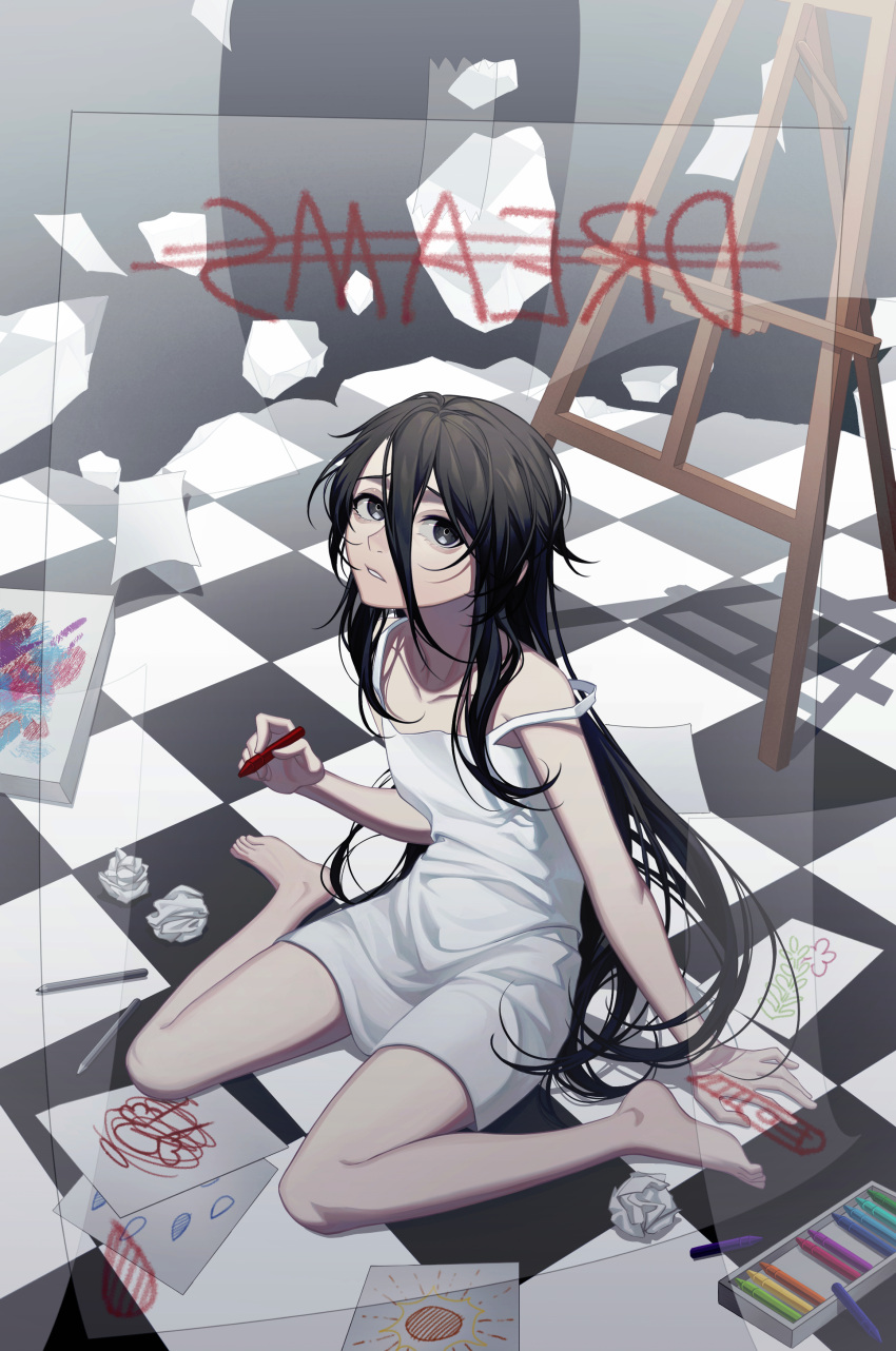 1girl absurdres bare_legs barefoot black_eyes black_hair canvas_(object) chalk checkered_floor commentary crumpled_paper drawing dress english_text erchongbaojun full_body hair_between_eyes highres holding holding_chalk long_hair looking_at_viewer on_floor original pencil sitting sleeveless solo spaghetti_strap strap_slip symbol-only_commentary transparent very_long_hair wariza white_dress