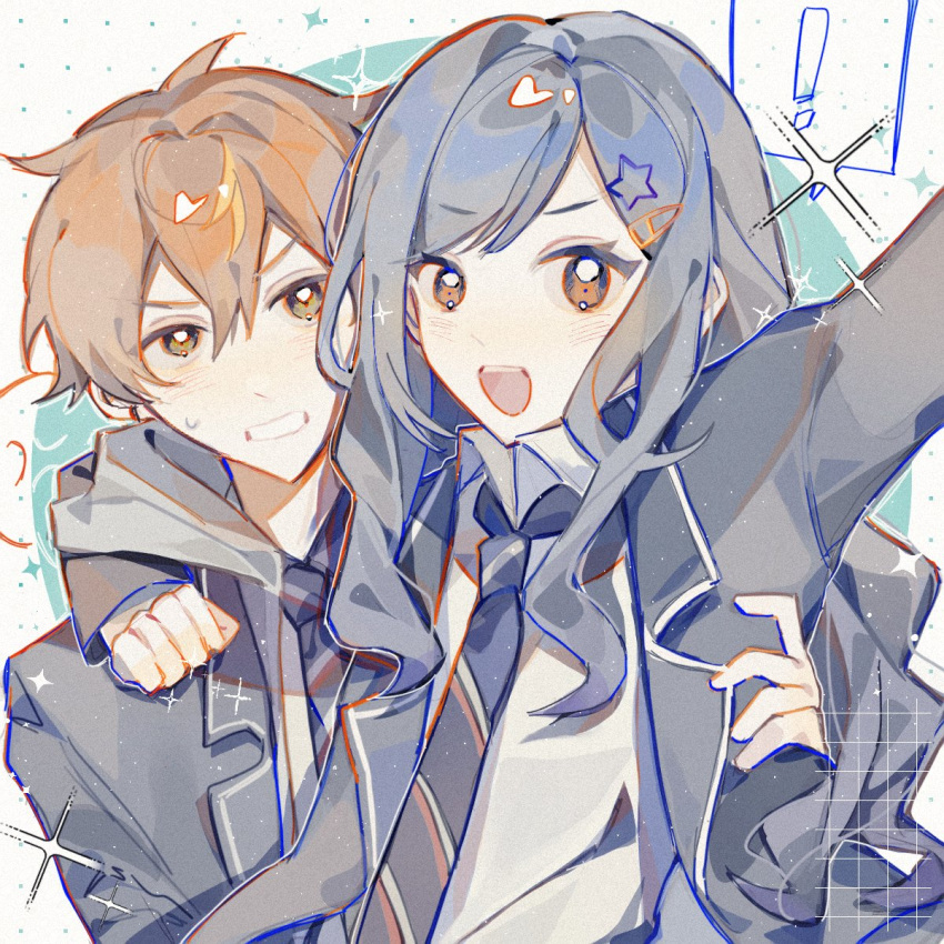 ! 1boy 1girl blonde_hair blue_hair blue_jacket blue_necktie brown_eyes collared_jacket collared_shirt commentary diagonal-striped_necktie double-parted_bangs green_eyes grey_jacket hair_between_eyes hair_ornament hand_on_another's_shoulder heart highres hood hood_down jacket kamiyama_high_school_uniform_(project_sekai) lapels light_blue_background long_hair long_sleeves looking_at_viewer masaka_(jizhu68846825) multicolored_hair multicolored_necktie necktie notched_lapels open_clothes open_jacket open_mouth orange_hair paperclip_hair_ornament project_sekai red_necktie school_uniform shinonome_akito shiraishi_an shirt side-by-side smile star_(symbol) star_hair_ornament streaked_hair sweat swept_bangs teeth two-tone_background two-tone_hair upper_body upper_teeth_only wavy_hair white_background white_necktie white_shirt