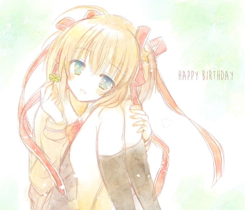1girl :d ahoge aiyan black_socks blonde_hair blue_eyes blush clover commentary_request eyes_visible_through_hair feet_out_of_frame four-leaf_clover green_background hair_between_eyes hair_ornament hair_ribbon hand_up happy_birthday holding_clover hugging_own_legs kamikita_komari little_busters! looking_at_object miniskirt open_mouth pastel_colors pleated_skirt red_ribbon ribbon short_hair sitting skirt smile socks solo star_(symbol) star_hair_ornament sweater two_side_up yellow_sweater