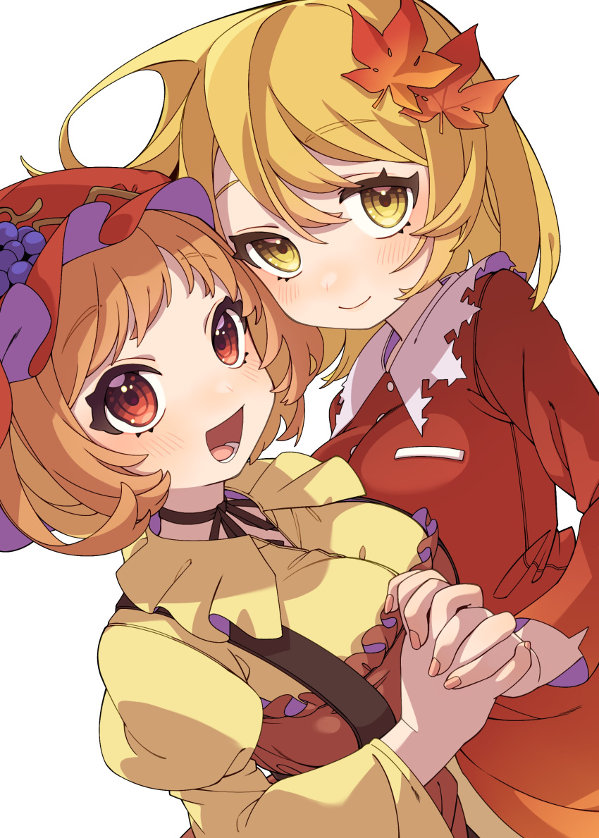 2girls absurdres aki_minoriko aki_shizuha apron blonde_hair blush closed_mouth collared_shirt e_sdss fingernails fruit_hat_ornament grape_hat_ornament hair_ornament hat hat_ornament highres leaf_hair_ornament long_sleeves mob_cap multiple_girls open_mouth red_apron red_eyes red_headwear red_shirt shirt short_hair siblings simple_background sisters smile touhou white_background wide_sleeves yellow_eyes yellow_shirt