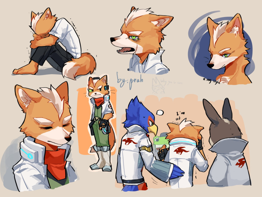 animal_ears animal_nose bandana beak bird_boy brown_background brown_fur closed_eyes closed_mouth commentary crying crying_with_eyes_open english_commentary falco_lombardi fox_boy fox_ears fox_mccloud fox_tail furry furry_male green_eyes hand_on_another's_back highres jacket knees_up male_focus multiple_views open_clothes open_jacket open_mouth peppy_hare pruh rabbit_boy rabbit_ears red_bandana signature simple_background sitting slippy_toad snout star_fox tail tears trembling white_jacket