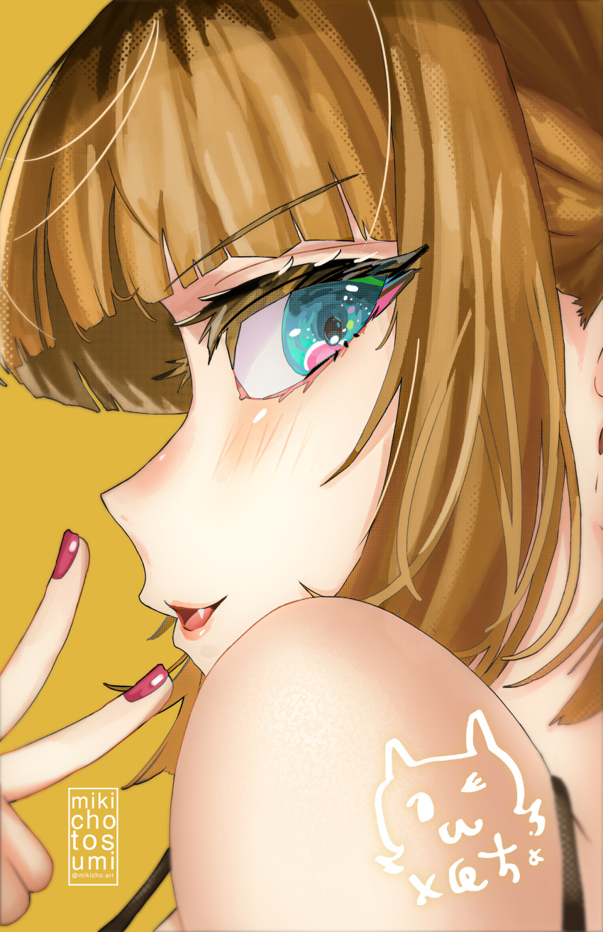 1girl :3 absurdres bare_shoulders blonde_hair blue_eyes blunt_bangs blush character_signature close-up commentary highres lips looking_at_viewer looking_back memcho mikicho nail_polish open_mouth oshi_no_ko pink_nails portrait screentones short_hair sidelocks simple_background solo spaghetti_strap watermark yellow_background